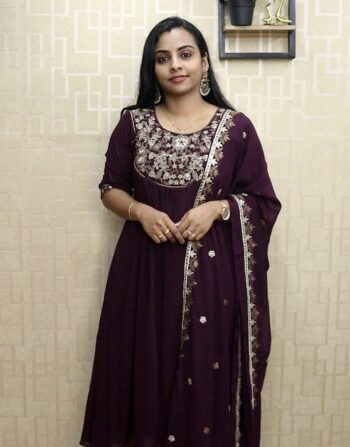 Georgette Pleated Aline Kurti With Designer Duppatta (Wine)