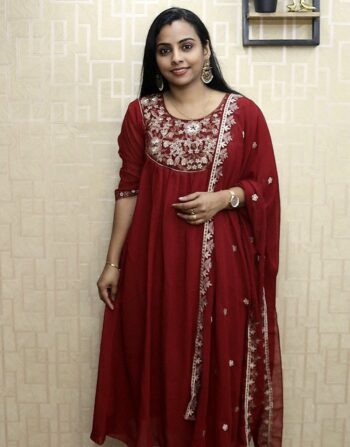 Georgette Pleated Aline Kurti With Designer Duppatta (Reddish Meroon)