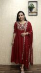 Georgette Pleated Aline Kurti With Designer Duppatta (Reddish Meroon)