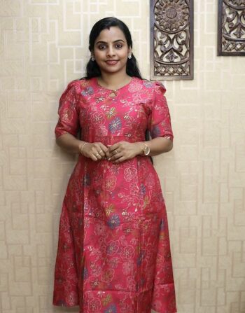 Vetican Silk Aline Cord Set With Elbow Puff Sleeves (Pink Floral)