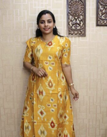 Vetican Silk Aline Cord Set With Elbow Puff Sleeves (Yellow Ikkat)