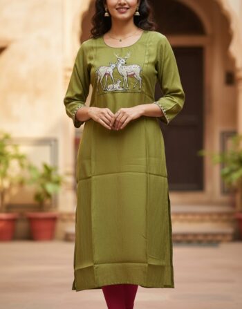 Casual Embroidered Slitted Kurti (Green Deer)