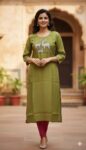 Casual Embroidered Slitted Kurti (Green Deer)