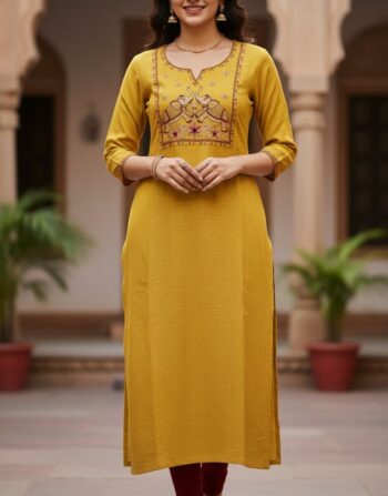 Casual Embroidered Slitted Kurti (Mustard Yellow Elephant)