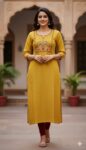 Casual Embroidered Slitted Kurti (Mustard Yellow Elephant)