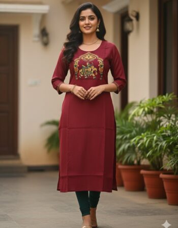 Casual Embroidered Slitted Kurti (Meroon)
