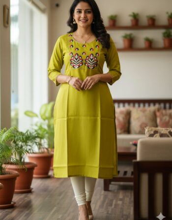Casual Embroidered Slitted Kurti (Lemon green)