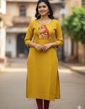 Casual Embroidered Slitted Kurti (Mustard Yellow Lady)