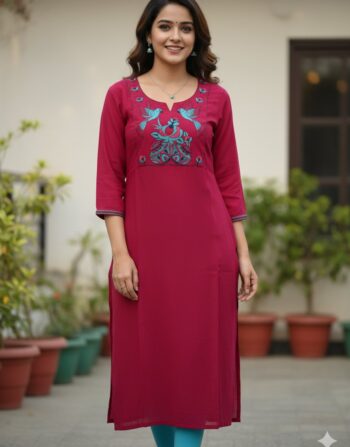 Casual Embroidered Slitted Kurti (Pink Bird)