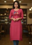 Casual Embroidered Slitted Kurti (Pink Tom Jerry)