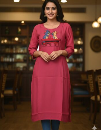 Casual Embroidered Slitted Kurti (Pink Tom Jerry)