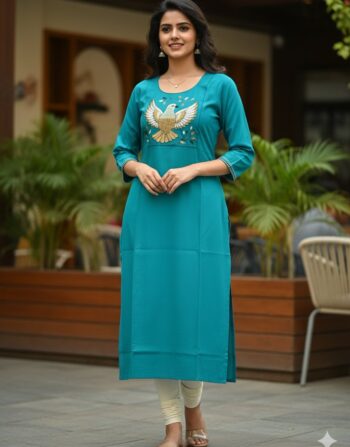 Casual Embroidered Slitted Kurti (Sapphire Blue)