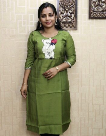 Casual Embroidered Slitted Kurti (Green Teddy)