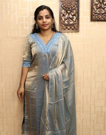 Velvet Organza Ready To Wear Full Set (Blue)