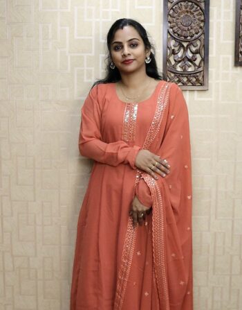 Georgette 12 Panel Cut Anarkali With Duppatta (Peach)