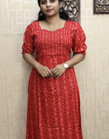 Rayon Cotton Smokey Frock (Red)