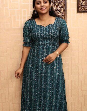 Rayon Cotton Smokey Frock (Peacock Green)