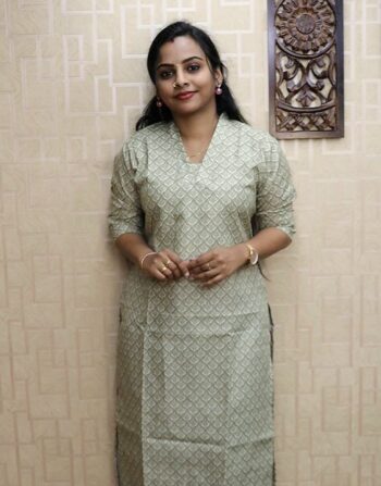 Printed Mixed Cotton Slitted Kurti (Pastel Green)