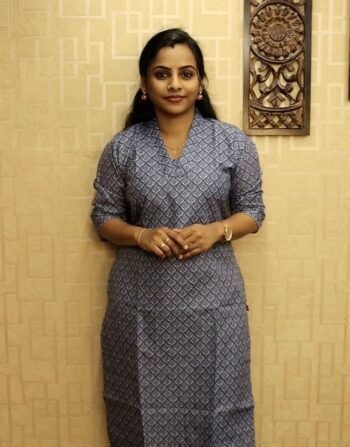 Printed Mixed Cotton Slitted Kurti (Jeans Blue)