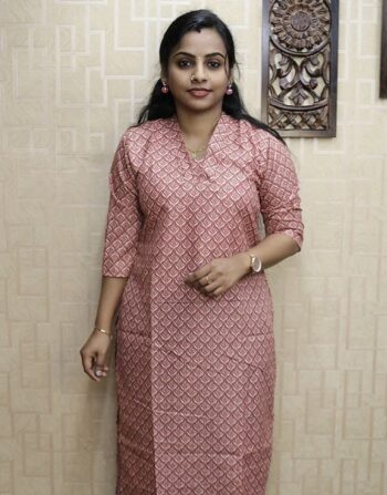 Printed Mixed Cotton Slitted Kurti (Peach)