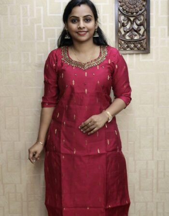 Slub Cotton Silk Handworked Slitted Kurti (Dark Pink)