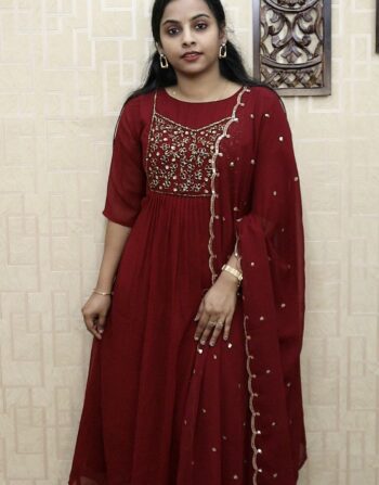 Georgette Partywear Pleated Kurti With Designer Duppatta (Meroon)