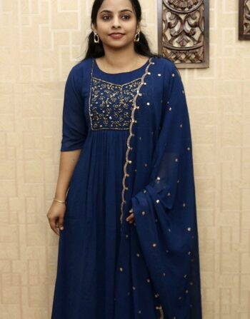 Georgette Partywear Pleated Kurti With Designer Duppatta (Dark Teal Blue)