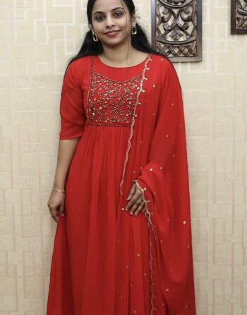 Georgette Partywear Pleated Kurti With Designer Duppatta (Red)