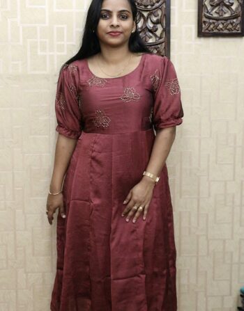 Crushed Vichitra Silk Panel Cut Frock (Dark Mauve)