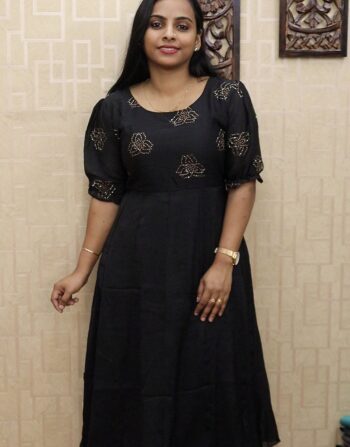 Crushed Vichitra Silk Panel Cut Frock (Black)