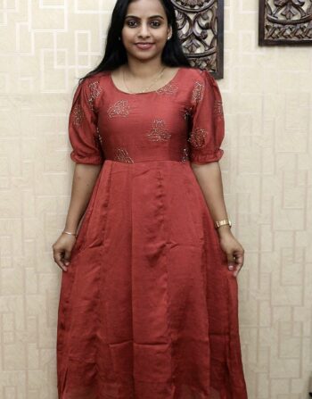 Crushed Vichitra Silk Panel Cut Frock (Brick)