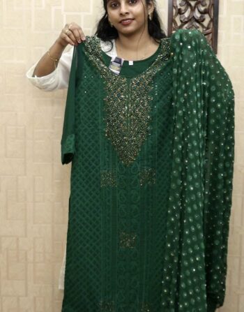 Schiffli Georgette Partywear 3 Piece Set (Dark Green)