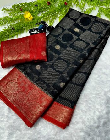 Semi Mysore Silk Saree Polka Chex (Black And Red)