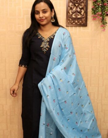 Raw Silk Partywear 3 Piece Set (Navy Blue)