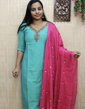 Raw Silk Partywear 3 Piece Set (Aqua Green)