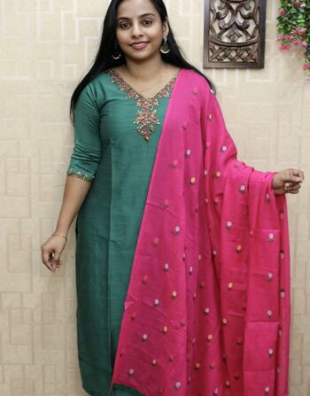 Raw Silk Partywear 3 Piece Set (Dark Green)