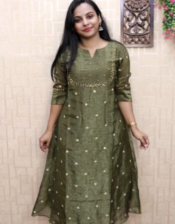 Tissue Georgette Handworked Aline Kurti (Olive Green)