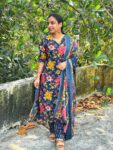 Cotton Floral Printed Slit Kurti With Bottom And Duppatta (Blue)
