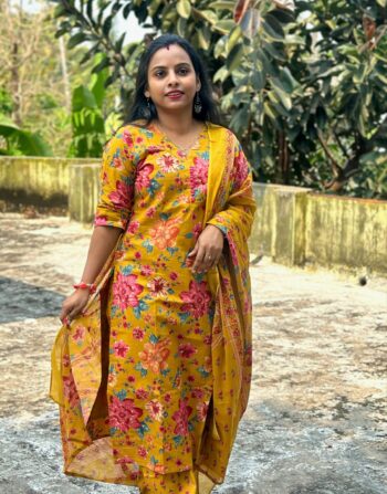 Cotton Floral Printed Slit Kurti With Bottom And Duppatta (Mustard Yellow)