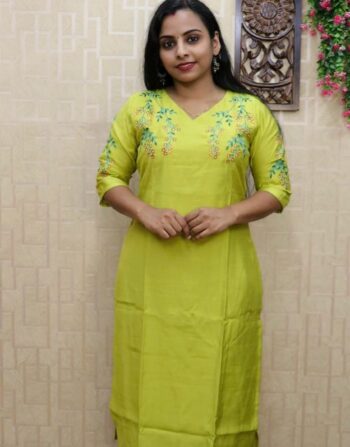 Berlin Silk Embroidered Slitted Kurti (Lemon Yellow)