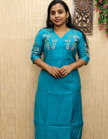 Berlin Silk Embroidered Slitted Kurti (Firozi Blue)