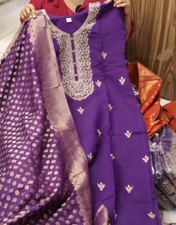 Partywear Slitted Kurti With Banarasi Duppatta and Bottom (Violet)