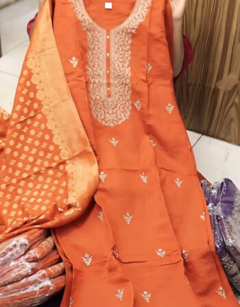Partywear Slitted Kurti With Banarasi Duppatta and Bottom (Rusty Orange)