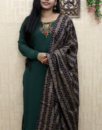 Georgette Handworked Slitted Kurti With Ajrak Duppatta N Bottom (Green)