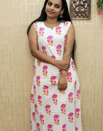 Cotton Floral Printed Aline Cord Set (White)