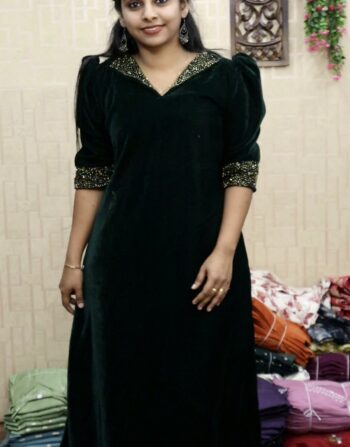 Velvet Partywear Aline Kurti  (Green)