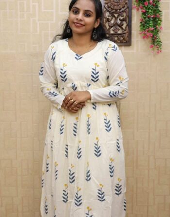 Mul Cotton Full Sleeve Aliya Cut Kurti (Yellow Blue)