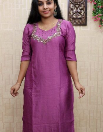 Vichitra Silk Handworked Slit Kurti (Purplish Lavender)