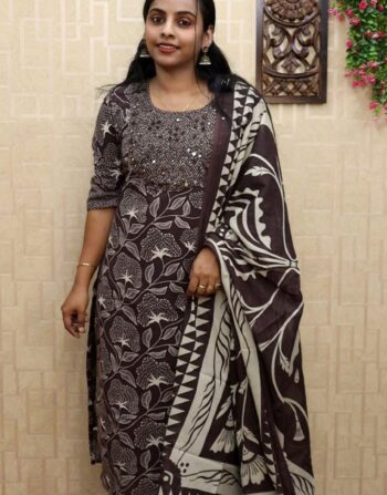 Cotton Heavy Handworked Slit Kurti With Bottom And Duppatta (Brown)