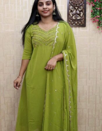 Georgette Handworked Aline Kurti With Designer Duppatta (Green)